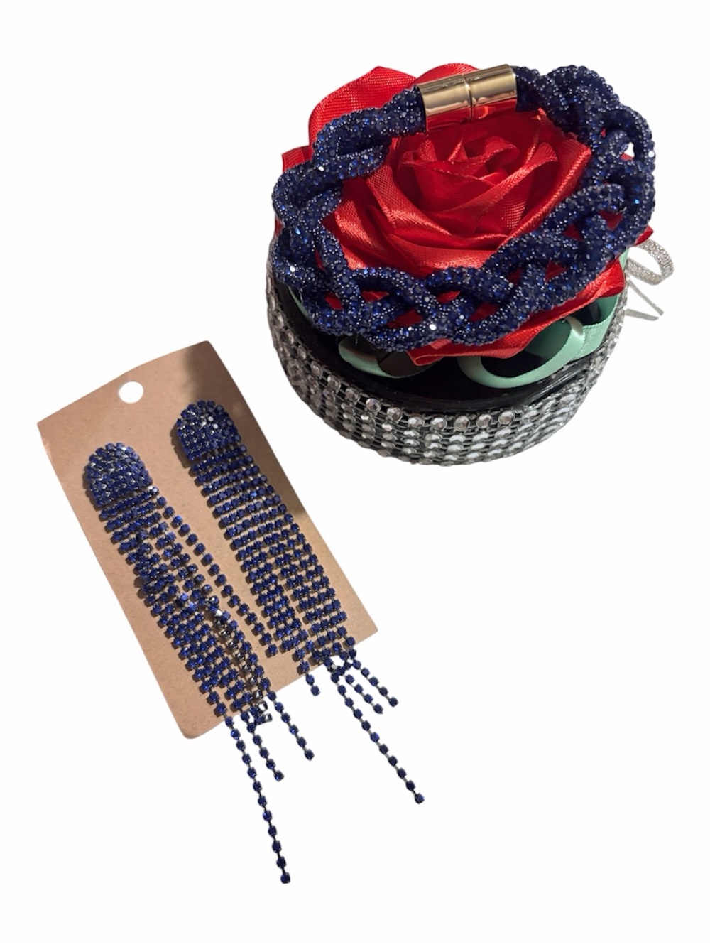 Elegant Navy Crystal Braided Bracelet and Tassel Earrings Set - Women Jewelry